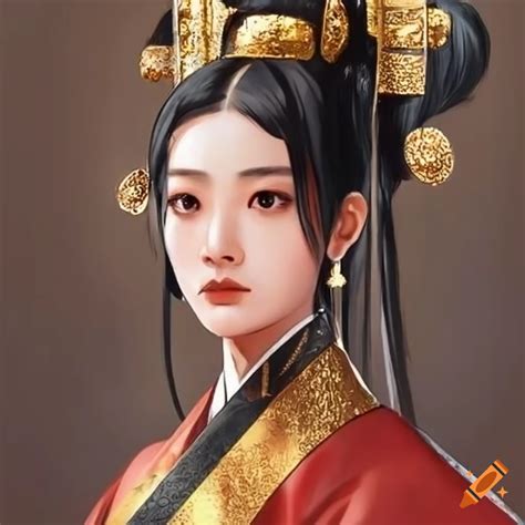 Empress In Red And Gold Hanbok With Striking Golden Brown Eyes On Craiyon