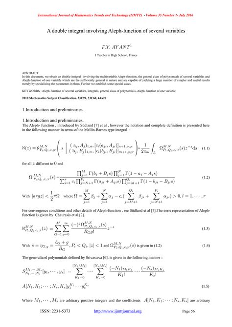 PDF A Double Integral Involving Aleph Function Of Several Variables