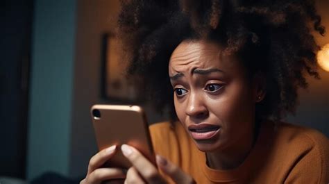 African Woman Is Crying Very Sad Looking At Her Phone She Is At Home