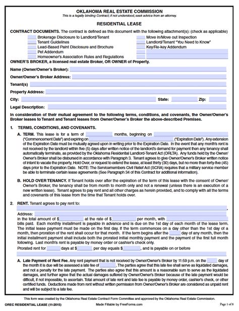 Free Oklahoma Standard Residential Lease Agreement Word Pdf Eforms Free Oklahoma Lease