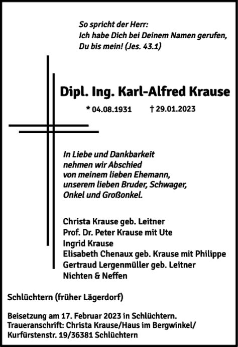 Traueranzeigen Von Dipl Ing Karl Alfred Krause Sh Z Trauer