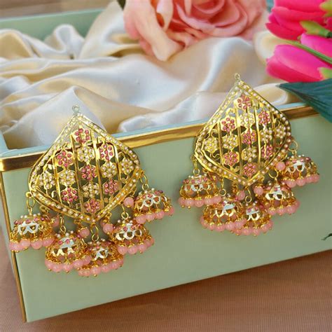 Jadau Small Jhumka Earring Set Light Pink Fashioncrab