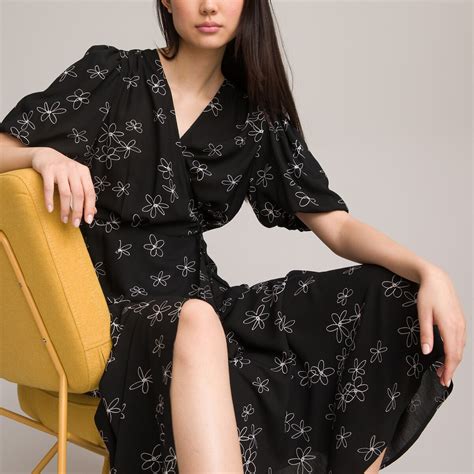 Floral Wrapover Midaxi Dress With Short Puff Sleeves Print Black