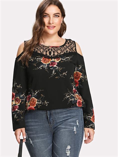 Lace Yoke Open Shoulder Floral Top SheIn Sheinside Tops Plus Size