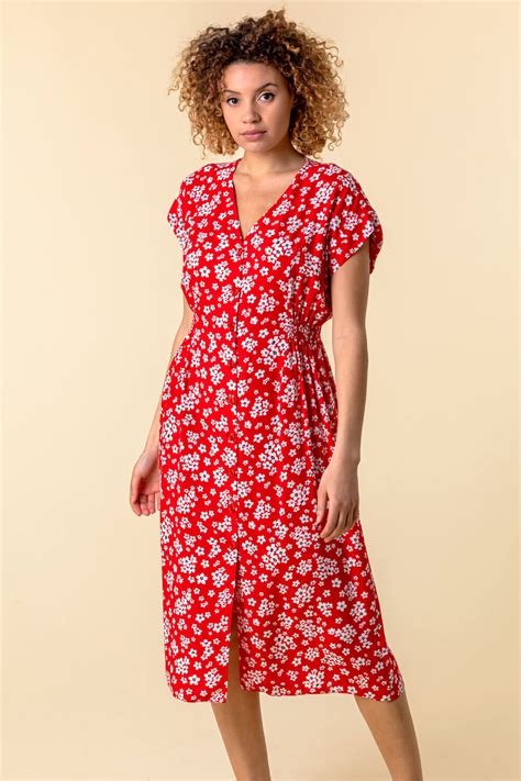 Floral Print Button Through Dress In Red Roman Originals Uk