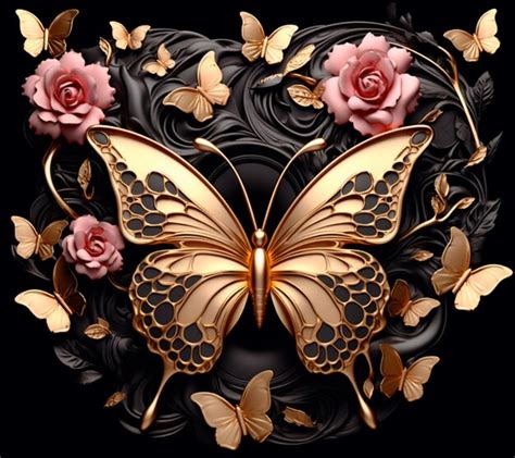 Premium Photo There Is A Butterfly With Gold Wings And Pink Roses On