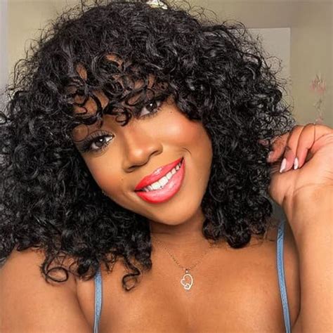 Joedir Hair Short Kinky Curly Wig With Bangs Human Hair