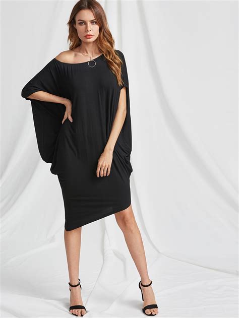 Asymmetric Shoulder Dolman Sleeve Dress Shein Sheinside