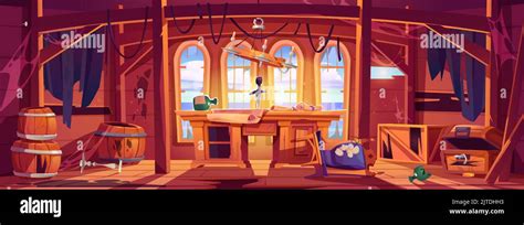 Abandoned pirate captain ship cabin. Broken room interior, game background with damaged corsair ...