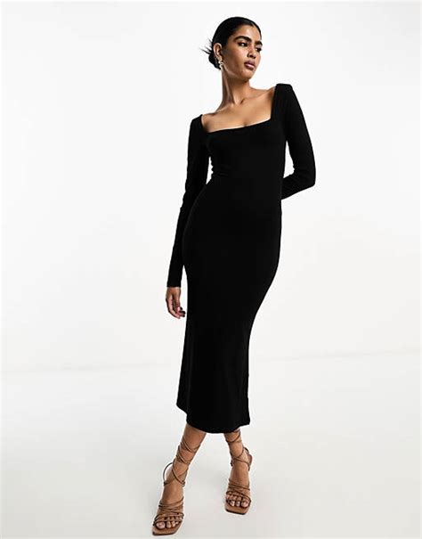 Asos Design Square Neck Softline Long Sleeve Midi Dress In Black Asos