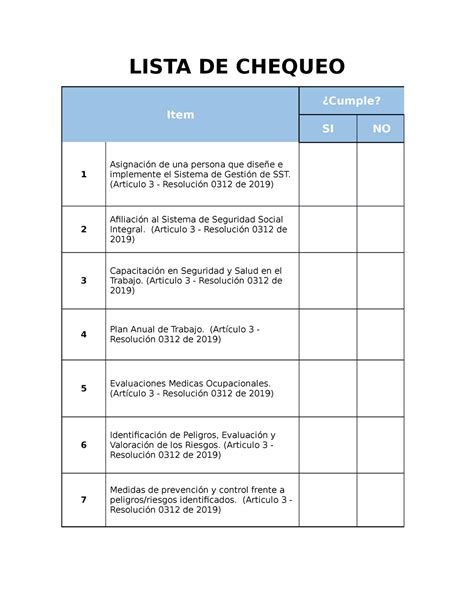 Lista De Chequeo Auditoria Lista De Chequeo Item Cumple Si No