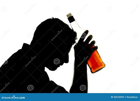 Alcoholic Drunk Man With Whiskey Bottle In Alcohol Addiction Silhouette