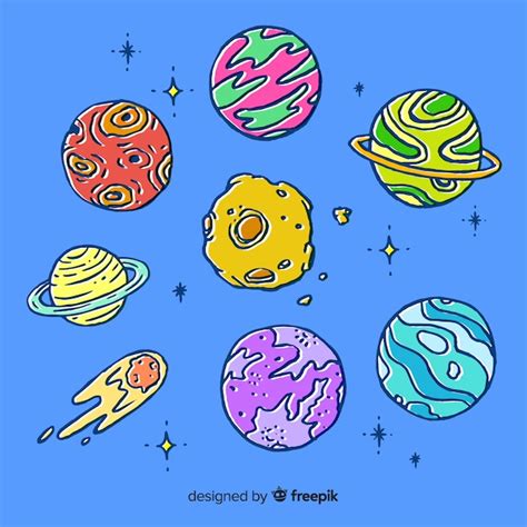 Mão Desenhada Coleção Planeta Colorido Em Estilo Doodle Vetor Grátis