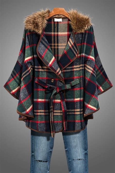 Brushed Flannel Cozy Plaid Belted Poncho Cape Jacket Detachable Fur Collar S L Trendnotes