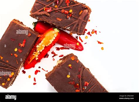 Chili Chocolate Brownies Isolated On White Stock Photo Alamy