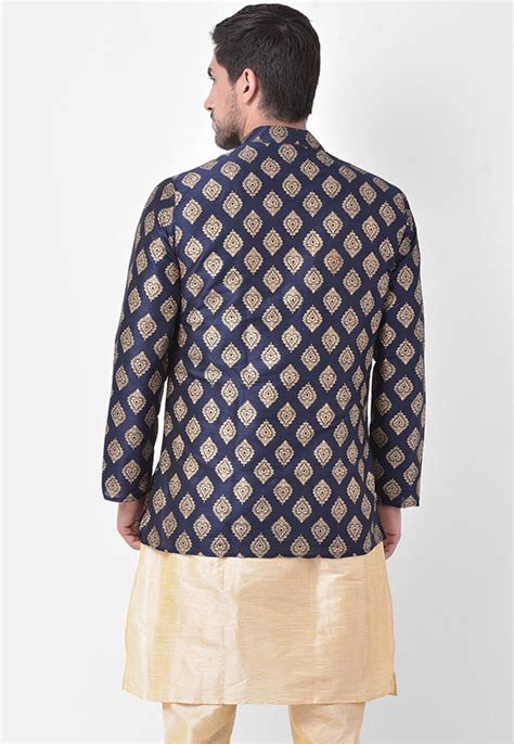 Buy Golden Printed Dupion Silk Kurta In Light Beige And Navy Blue