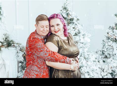 Lgbtq Lesbian Couple Celebrating Christmas Or New Year Winter Holiday Together Gay Female Lady