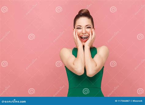 Perfect Woman Wearing Green Dress Toothy Smiling Stock Image Image Of