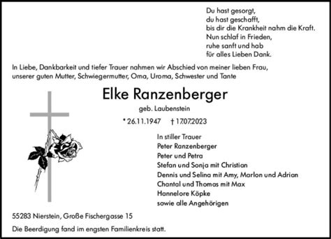 Traueranzeigen Von Elke Ranzenberger Vrm Trauer De