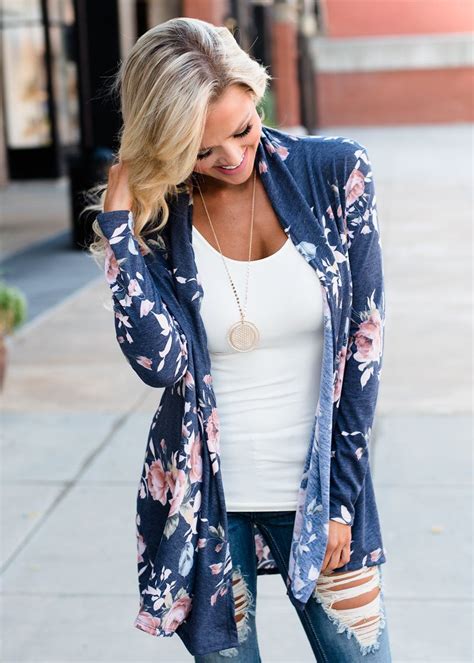 Soft Floral Open Cardigan Navy Modern Vintage Boutique Womens