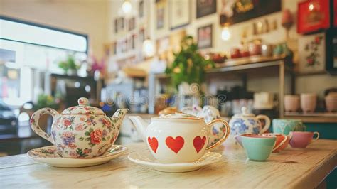 A Clean Tea Shop Table With Floral Teapots And Heart Themed Teacups
