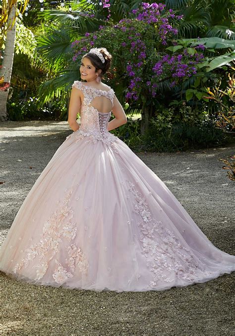 Blush Pink Beaded Floral Sparkling Tulle Quinceañera Dress By Morilee