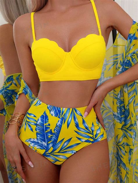 Shein Swim Tropical Print Push Up Bikini Swimsuit With Kimono Shein Uk