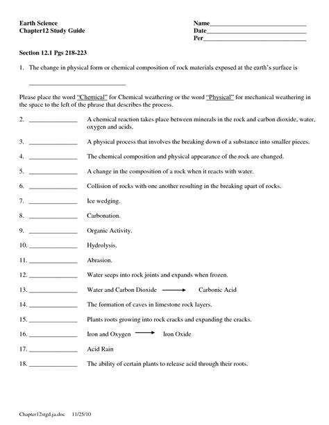 Weathering And Erosion Worksheets