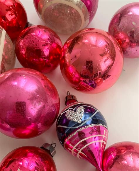 Vintage Pink Glass Ornaments Mixed Lot Of 29 Magenta Silver Tone Christmas Tree Decor Shiny