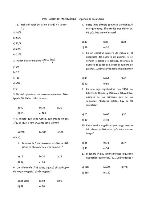 Evaluaci N De Matem Tica Segundo Grado Tercer Bimestre Evaluacin