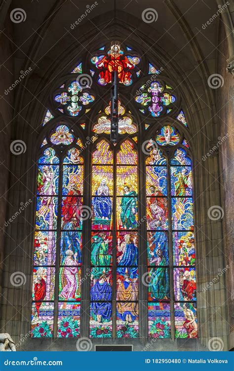 Stained Glass Window Of St Vitus Cathedral In Prague Castle Prague Editorial Image Image Of