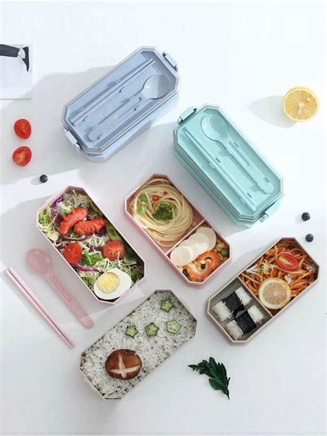 1pc Wheat Straw Double Layer Lunch Box With Cutlery Layered Lunches