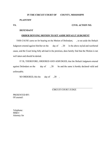 ORDER DENYING MOTION To SET ASIDE DEFAULT JUDGMENT Form Fill Out And