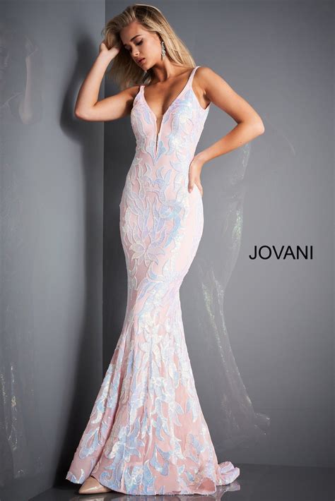 Jovani 3263 Black Gunmetal Embellished Plunging Prom Light Pink