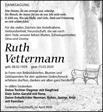 Traueranzeigen Von Ruth Vettermann Trauer Anzeigen De