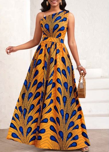 Rotita Asymmetry Feathers Print Orange One Shoulder Sleeveless Maxi