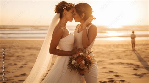 Portrait Of A Happy Same Sex Lgbt Couple Kissing During Their Wedding