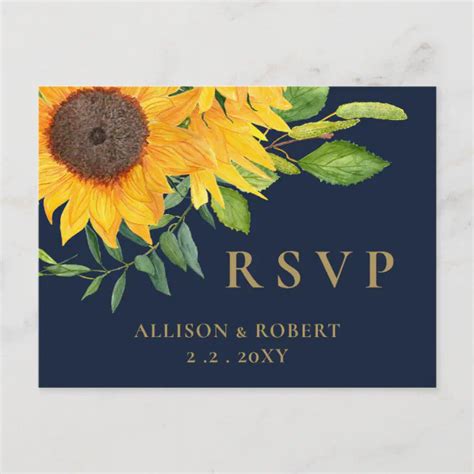 Watercolor Navy Blue Sunflower Rustic Wedding Invitation Postcard Zazzle