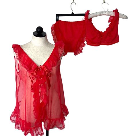Vintage Womens Babydoll Nightie Set Red Size Small Nylon Ruffle Lingerie Ribbon Etsy