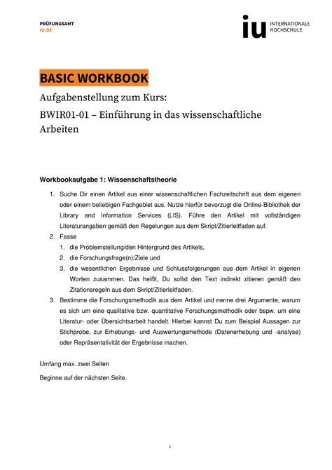 Wissenschaftliches Arbeiten IU BASIC WORKBOOK Aufgabenstellung Zum