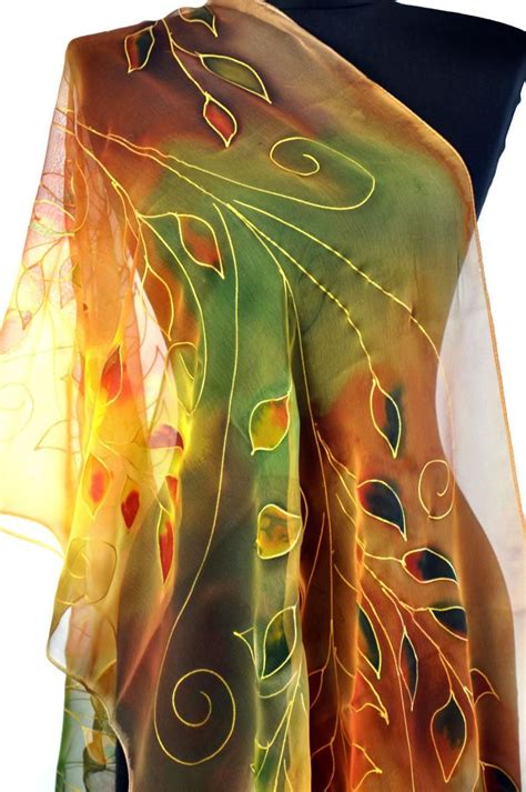 Hand Painted Silk Shawl Painted Leaves Hand Painted Etsy In 2020