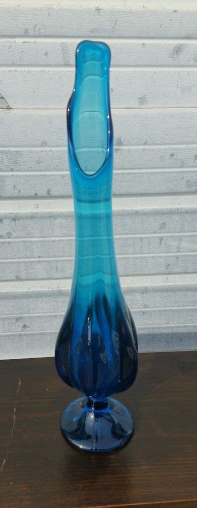 Vintage Viking Mid Century Blue Stretch Swung Glass Pedestal Vase 19 Viking Viking Glass