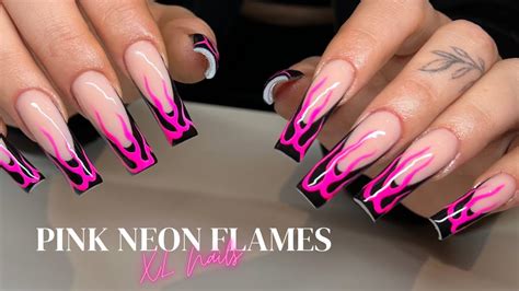 💕pink Neon Flames W Black Frenchies Nail Tutorial Do A Foreign Acrylic Infill With Me💕 Youtube