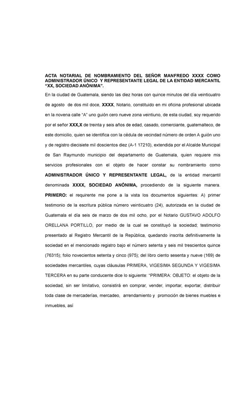 Acta Notarial De Nombramiento De Representante Legal Acta Notarial De