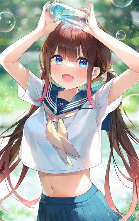 Safebooru 1girl D Arms Up Ayamy Ayamy Vtuber Blue Eyes Blue Skirt Blurry Bokeh Bottle