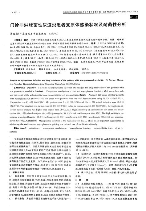 门诊非淋球菌性尿道炎患者支原体感染状况及耐药性分析word文档在线阅读与下载无忧文档