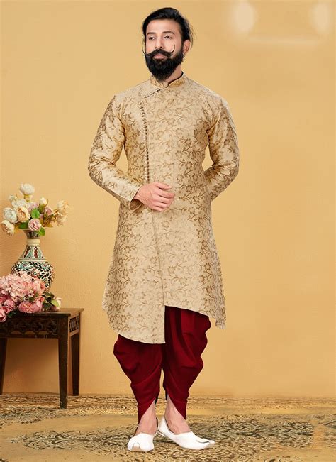 Shop Gold Jacquard Silk Weaving Indowestern Sherwani Wedding Wear