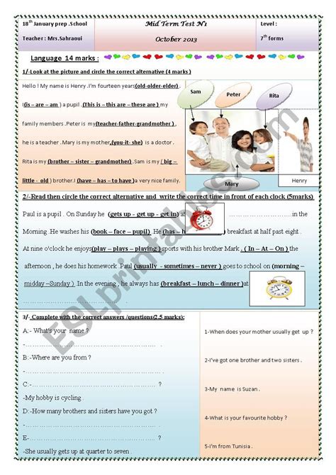 Mid Term Test N1 7th Form ESL Worksheet By Moemendhia