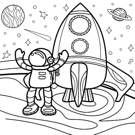 Astronauta De Dibujos Animados Con Cohete Para Colorear Imprimir E