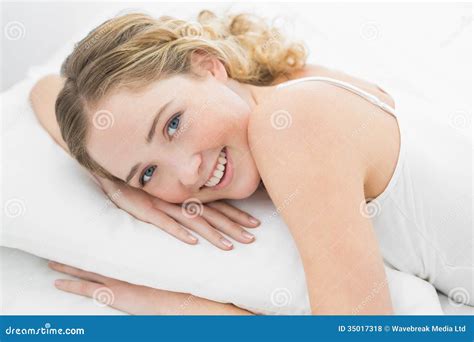 Pretty Smiling Blonde Lying In Bed Stock Photo Image Of Pajamas Casual 35017318